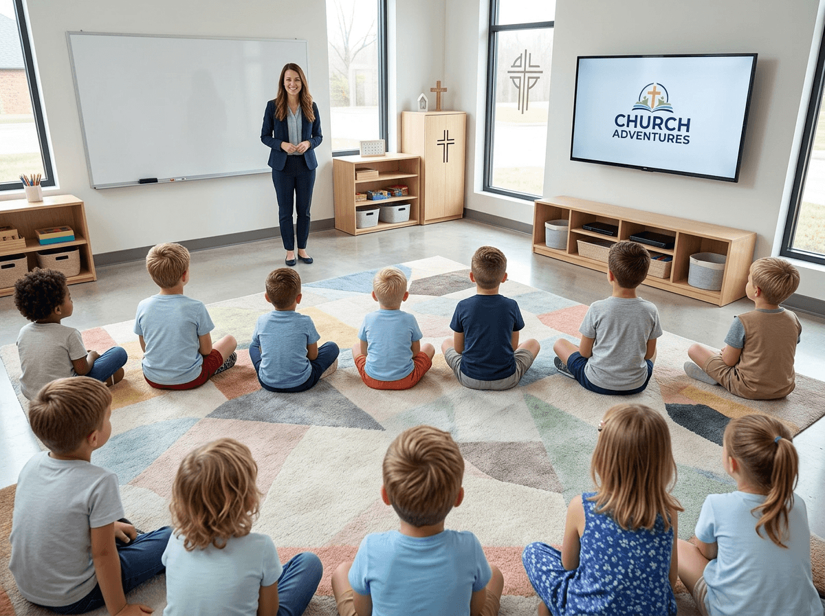 Sala de aula da EBD com professora e alunos
